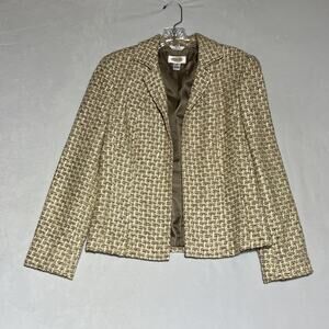 Talbots Tweed Blazer Jacket Womens 4 Open Beige Metallic Gold Office Career Work